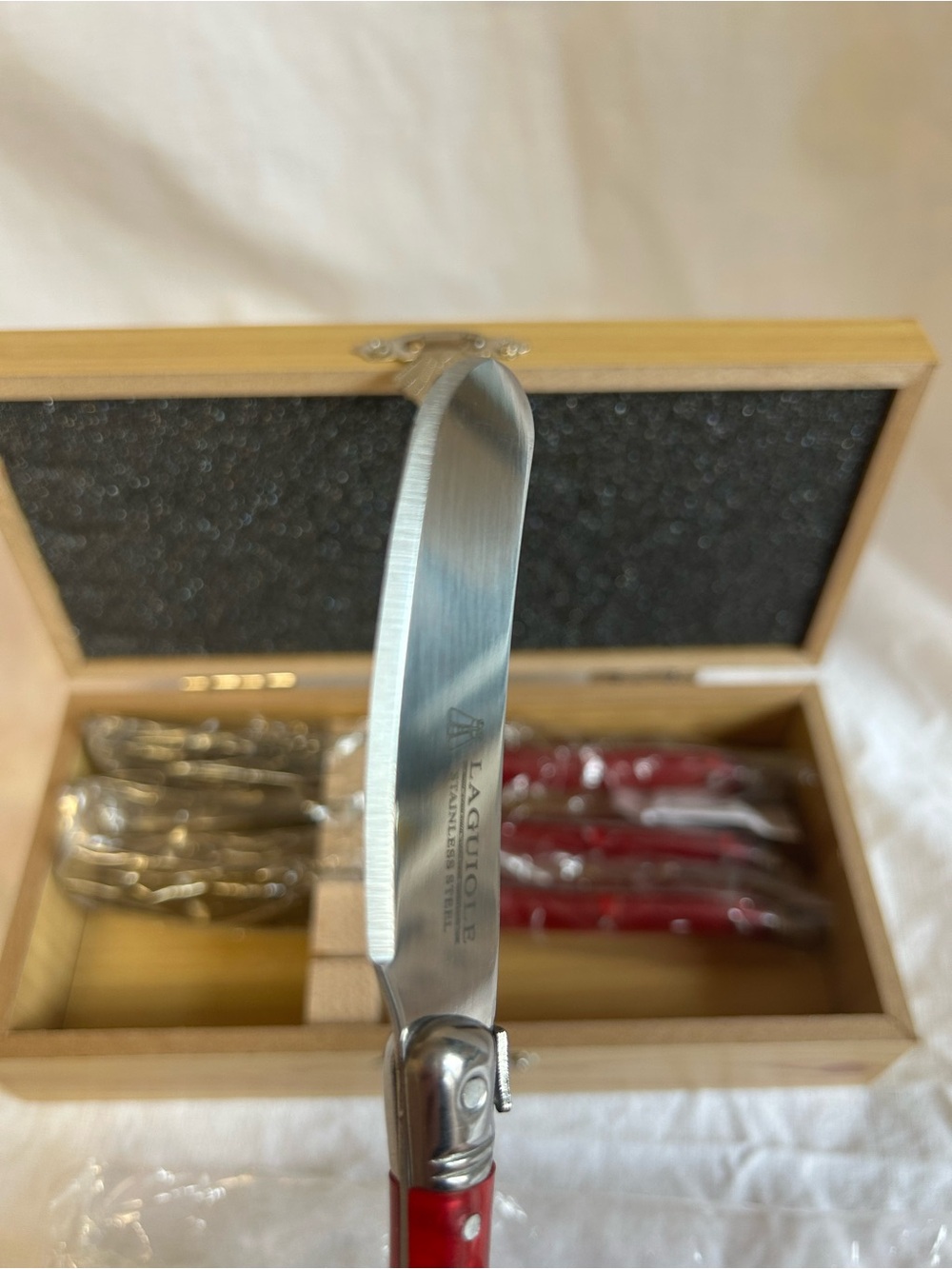 Laguiole Style Red Handle Spreader Knife - 4 Set Piece new in box